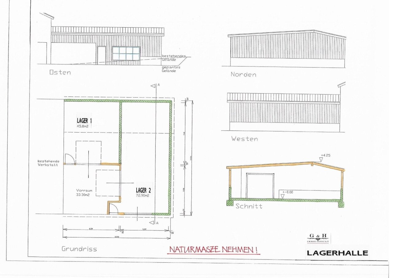 Grundriss-Skizze, Schnitt, Ansichten Lagerhalle